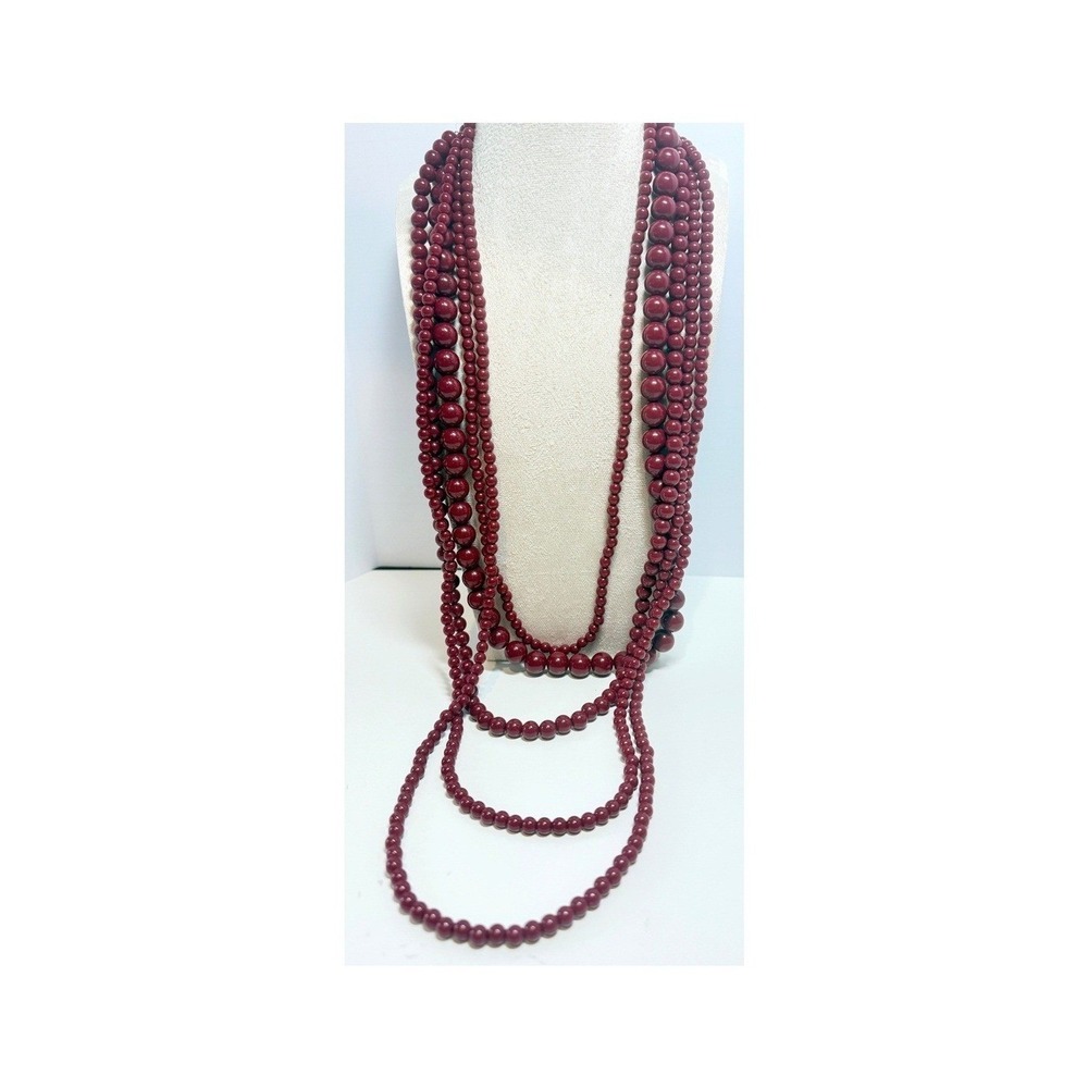 Burgundy 5 Strand Beaded Necklace Long Graduated Statement Jewelry 37"